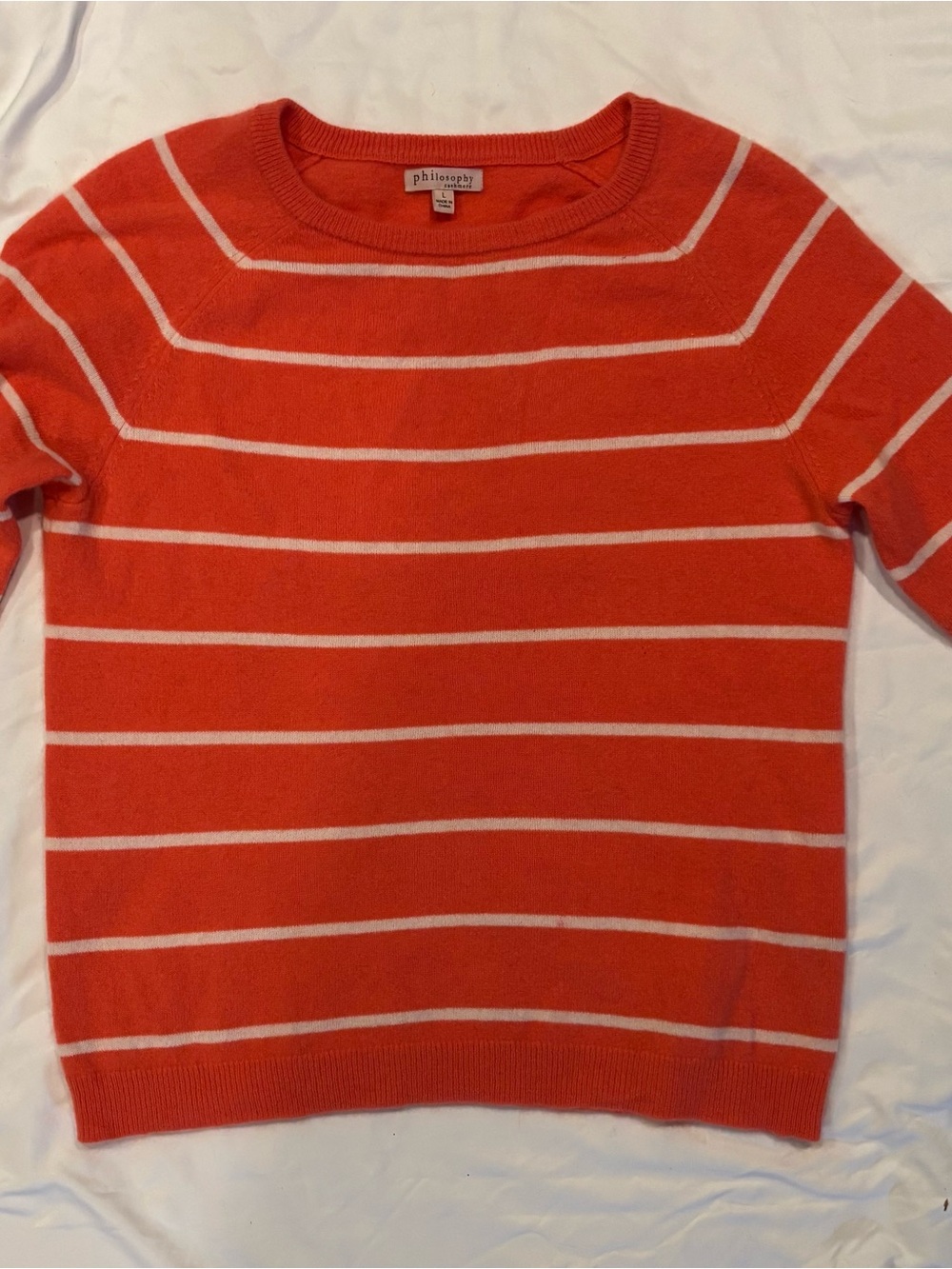 Philosophy Cashmere Women’s Coral and White Striped Crewneck Sweater